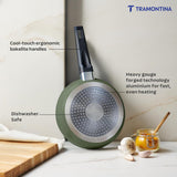 Tramontina India Aura sea green 20cm non-stick fry pan with reinforced coating on a white background.
