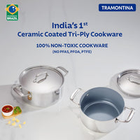 Tramontina India Fusao EX+ 30cm ceramic stainless steel tri-ply biryani casserole with lid, 6.2L capacity, ideal for cooking biryani.