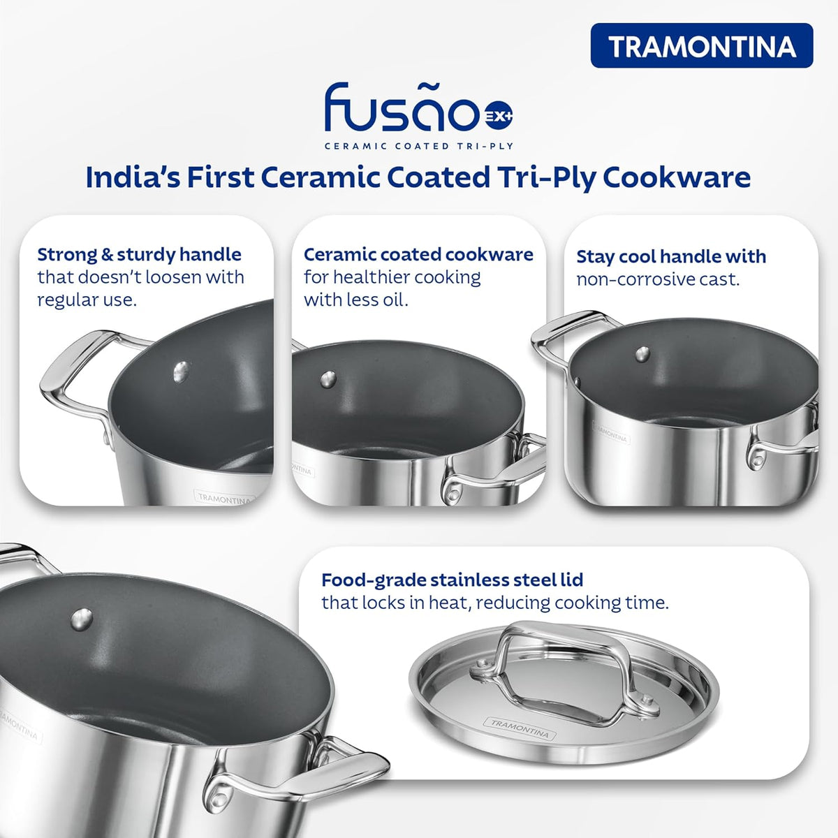 Tramontina India Fusao EX+ 30cm ceramic stainless steel tri-ply biryani lagan with lid, 6.2L casserole for cooking and serving.