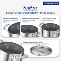 Tramontina India Fusao EX+ 30cm ceramic stainless steel tri-ply biryani lagan with lid, 6.2L casserole for cooking and serving.