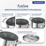 Tramontina India Fusao EX+ 30cm ceramic stainless steel tri-ply biryani lagan with lid, 6.2L casserole for cooking flavorful biryanis.