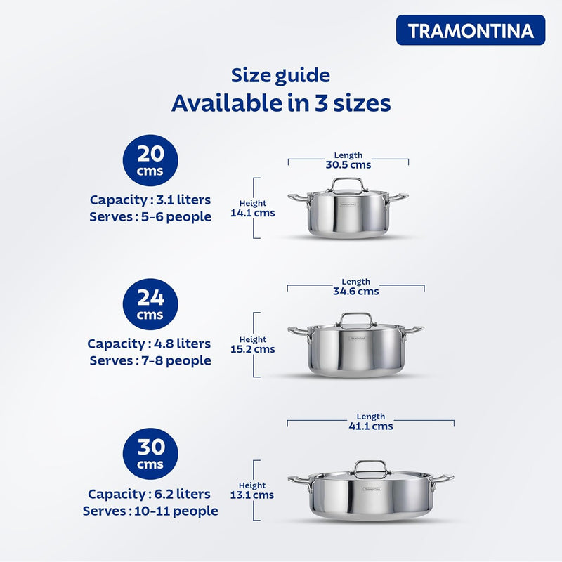 Tramontina India Fusao EX+ 30cm ceramic stainless steel casserole with SS lid, 6.2L capacity, ideal for biryani cooking