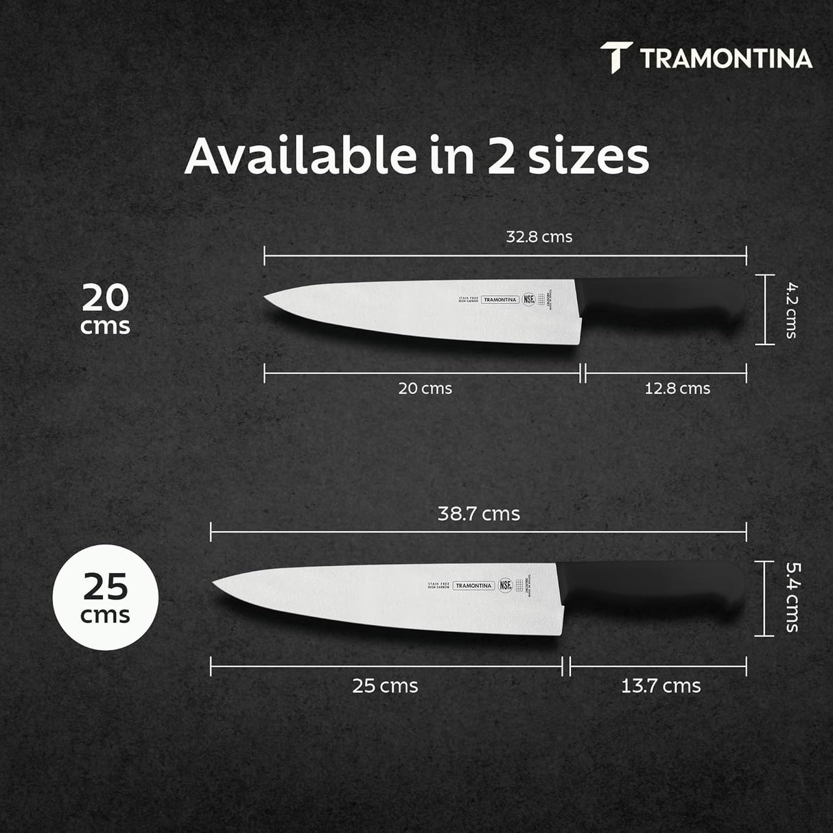 Black Tramontina India 25cm chef knife with sharp stainless steel blade and ergonomic handle for precise meat cutting.