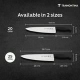Black Tramontina India 25cm chef knife with sharp stainless steel blade and ergonomic handle for precise meat cutting.