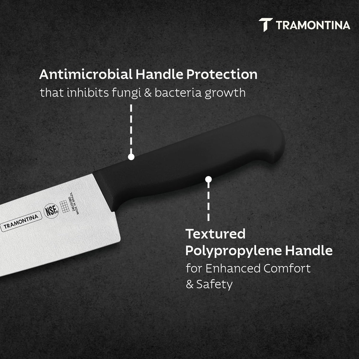 Black Tramontina India 8-inch chef knife with sharp stainless steel blade and ergonomic handle for professional meat and culinary prep.
