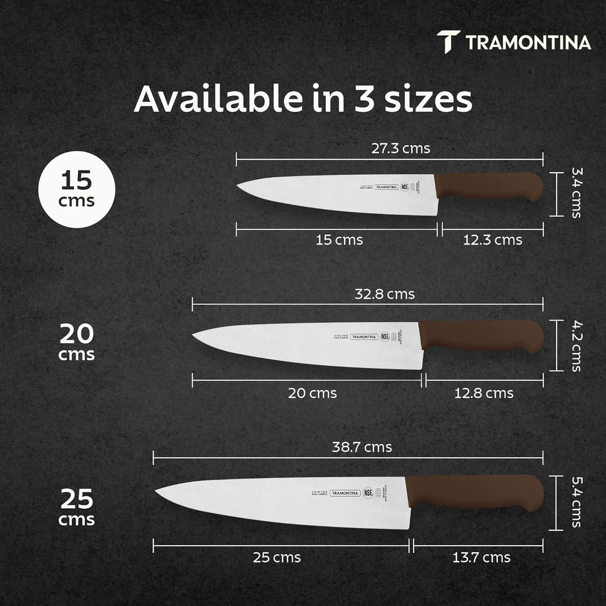 Tramontina India professional 20 cm chef knife with a brown handle and stainless steel blade for slicing and chopping.