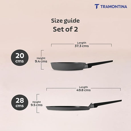 Tramontina India Chroma Forged cookware set with 20cm fry pan and 28cm Dosa Tawa in grey, showcasing their non-stick surfaces and handles.