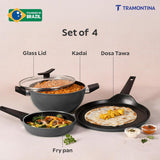 Set of four Tramontina India Chroma Forged cookware including 20cm fry pan, 28cm dosa Tawa, and 22cm Kadai in grey.