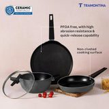 Set of four Tramontina India Chroma Forged CK cookware including 20cm fry pan, 28cm DosaTawa, and 22cm Kadai in grey.