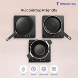 Set of four grey Tramontina India Chroma Forged CK cookware, including 20cm fry pan, 28cm DosaTawa, and 22cm Kadai.