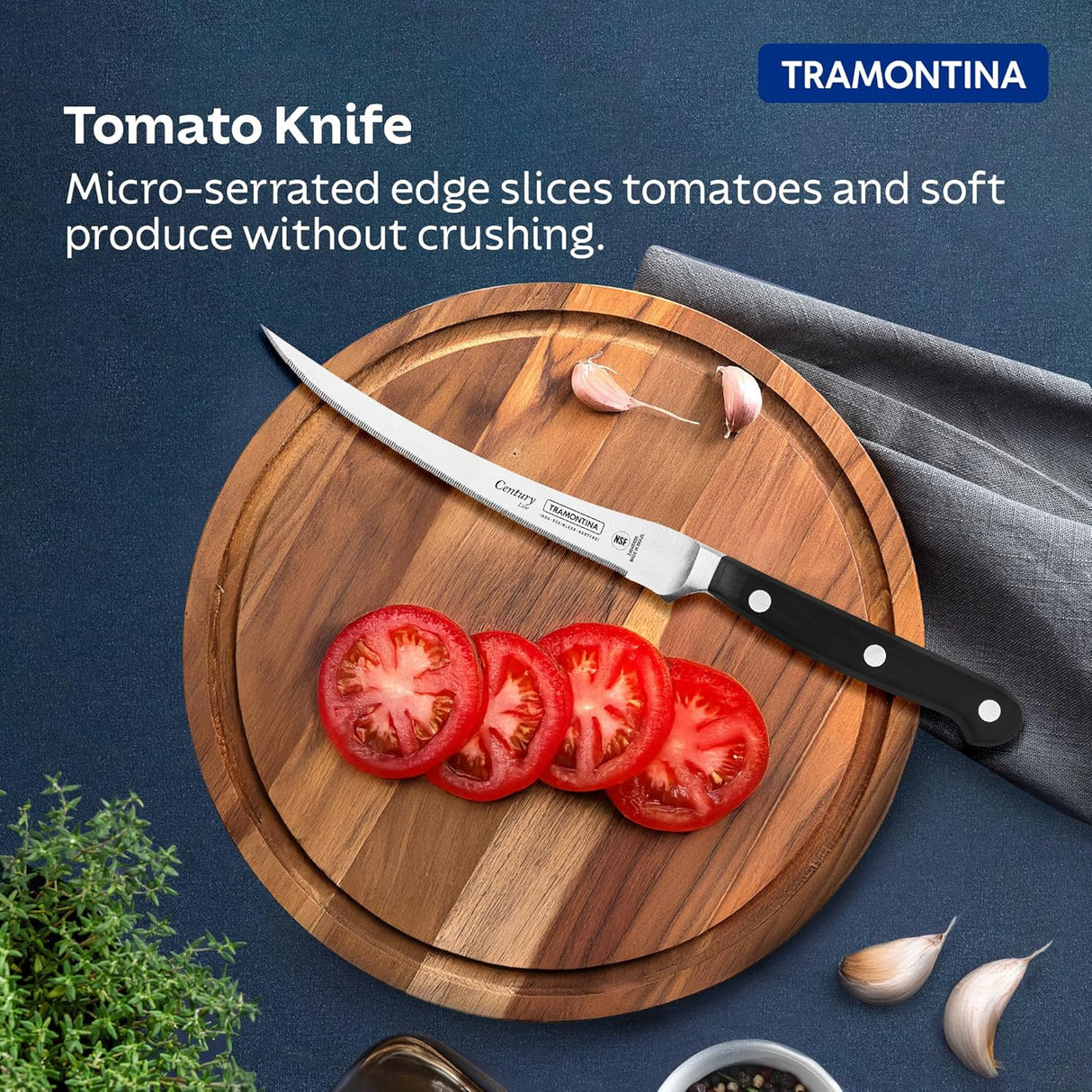 Century Tramontina India stainless steel tomato knife, 5-inch blade, with serrated edge for easy slicing of tomatoes and soft fruits.