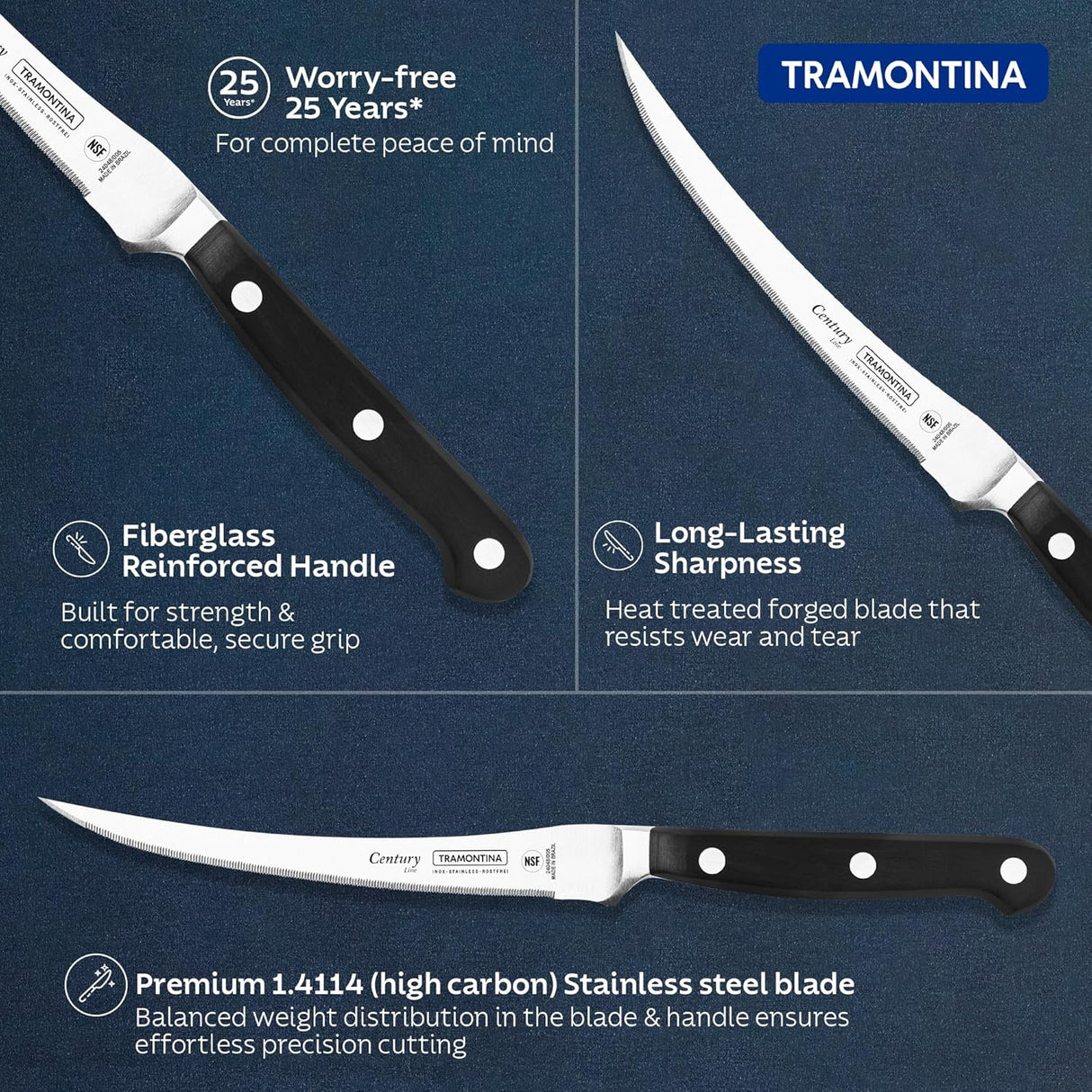 Century Tramontina India stainless steel 5-inch tomato knife with a sharp blade and ergonomic handle for precise slicing.