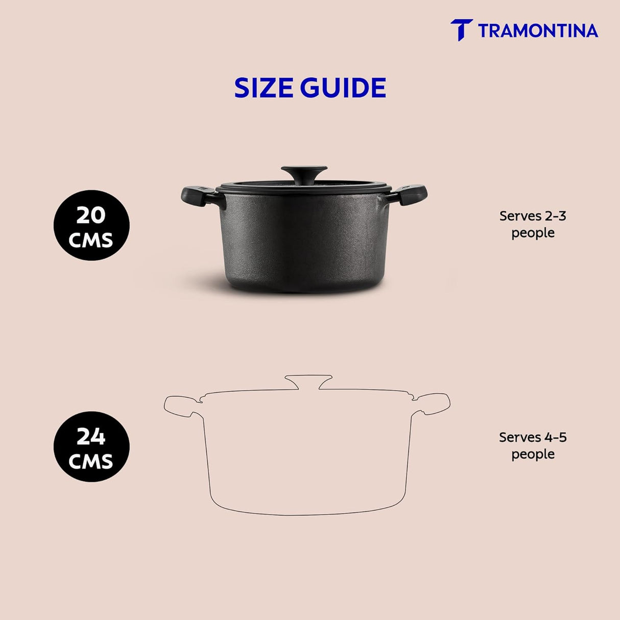 20cm Tramontina India pre-seasoned cast iron casserole with heat-resistant silicone grip, 3.1L capacity.