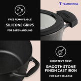 Tramontina India 20cm pre-seasoned cast iron casserole with heat-resistant silicone grip and 3.1L capacity.