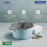 Tramontina India Velo Forged 24 cm sea-colored casserole with sturdy handles and a glass lid for versatile cooking.