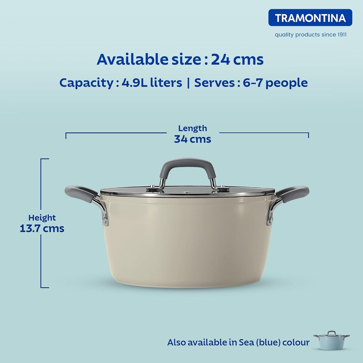 Tramontina India Velo Forged 24cm Sand Casserole with sturdy handles and a glass lid, ideal for cooking and serving.