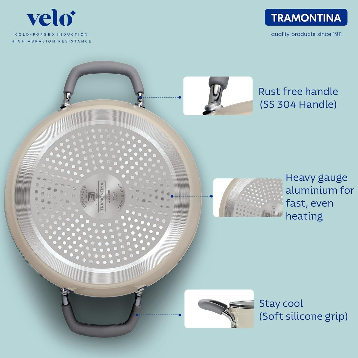 Sand-colored Tramontina India Velo Forged 24 cm casserole, sturdy cookware with a smooth finish and ergonomic handles.