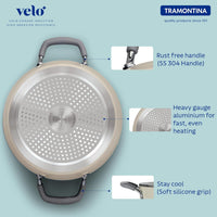 Sand-colored Tramontina India Velo Forged 24 cm casserole, sturdy cookware with a smooth finish and ergonomic handles.