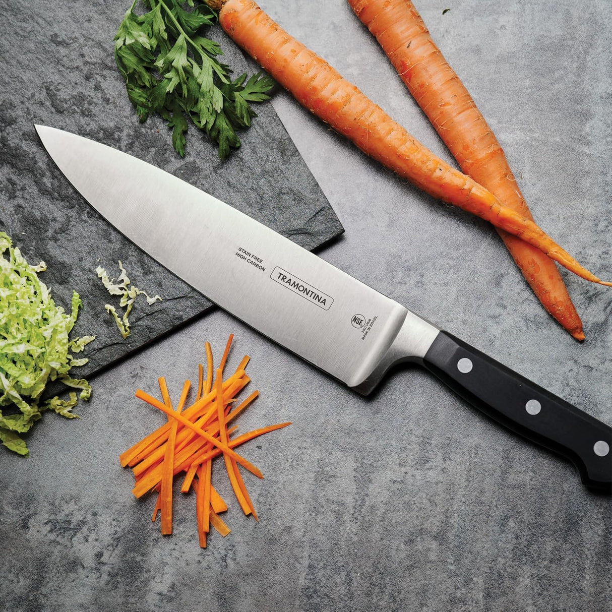 Black Century Chefs Knife by Tramontina India, 20 cm /8in, with a sleek stainless steel blade and ergonomic handle.