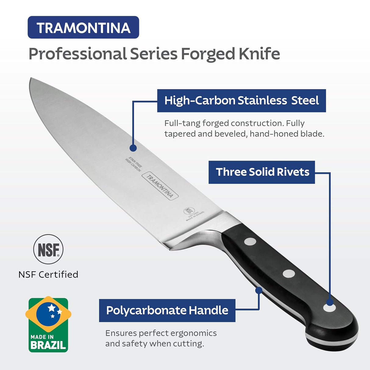 Black Century Chefs Knife by Tramontina India, 20 cm / 8-inch kitchen knife with sharp blade and ergonomic handle.