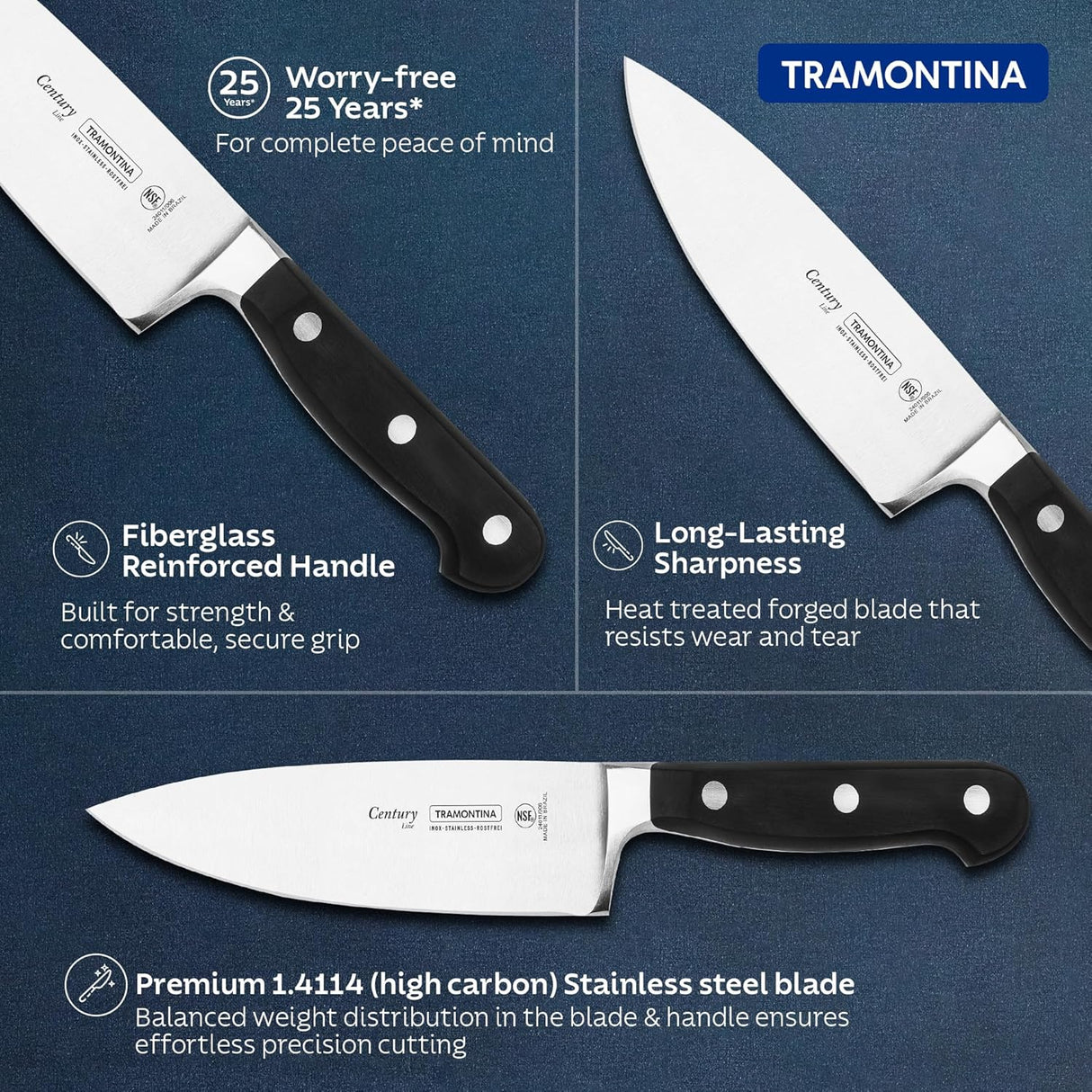 Century stainless steel 6-inch chef knife by Tramontina India with a sharp blade and ergonomic handle for professional cooking.