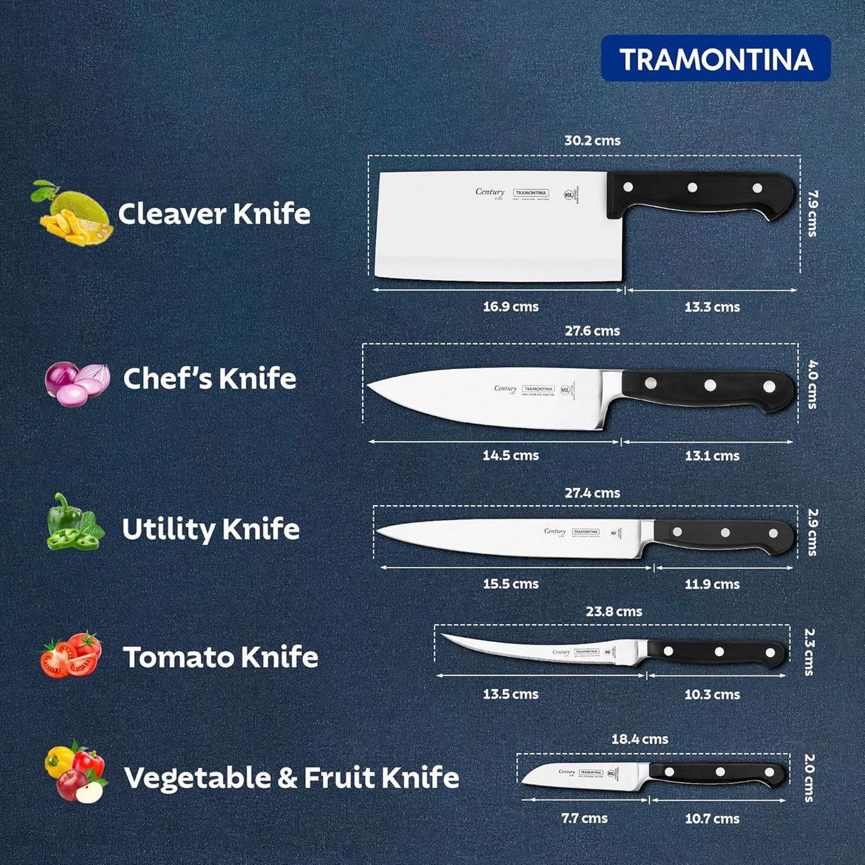 Century stainless steel utility knife, 6-inch Tramontina India knife with a sharp blade and ergonomic handle.