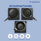 Set of four Tramontina India Chroma Forged cookware including 20cm fry pan, 28cm dosa tawa, and 22cm kadai in blue color.