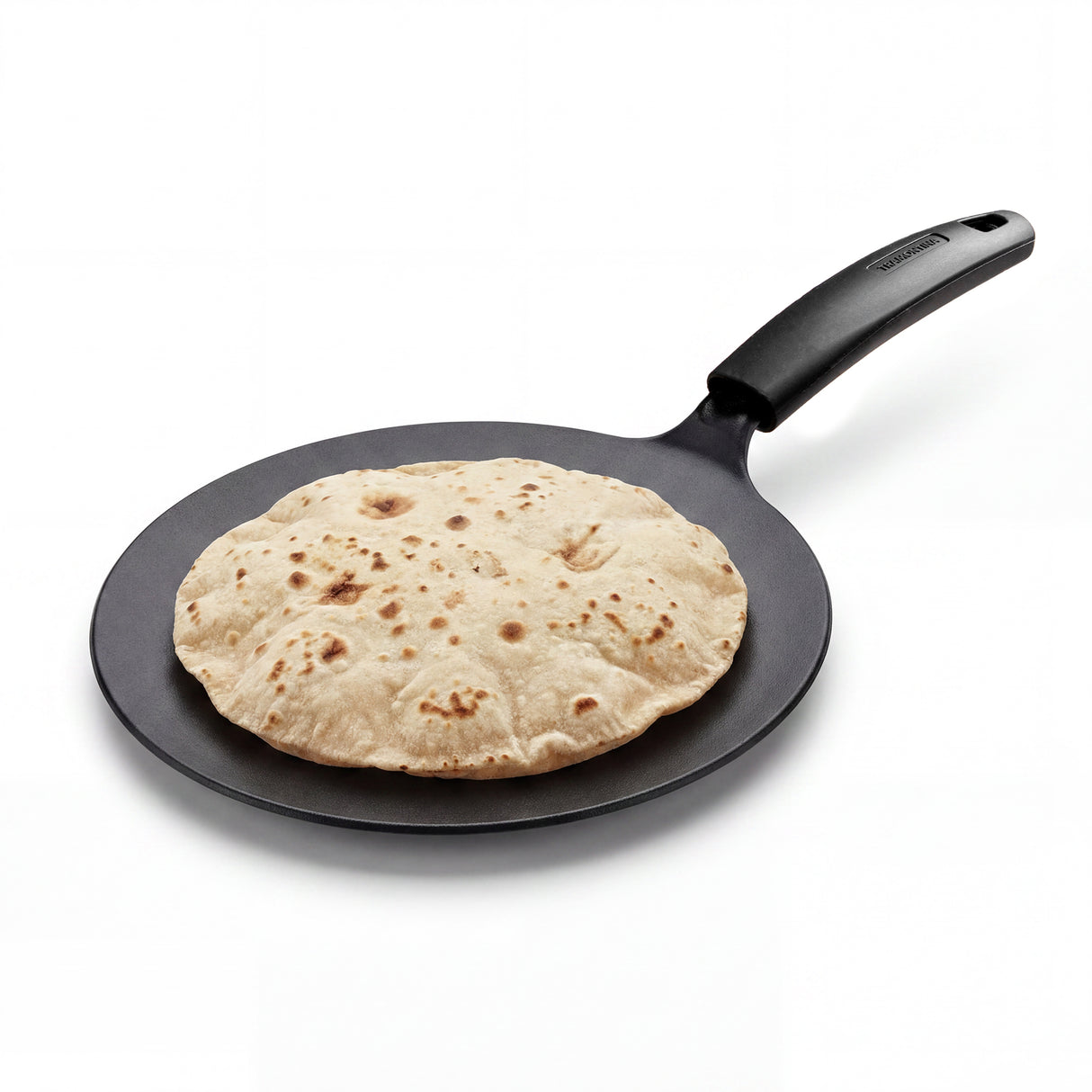 Titanex 26cm pre-seasoned cast iron concave Tawa with heat-resistant silicone grip for Indian roti and pancake cooking.