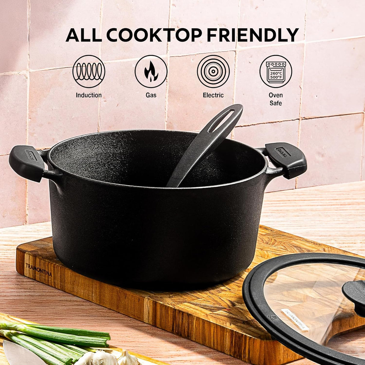 Tramontina India Titanex 20cm pre-seasoned cast iron casserole with heat-resistant silicone grip and 3.1L capacity.