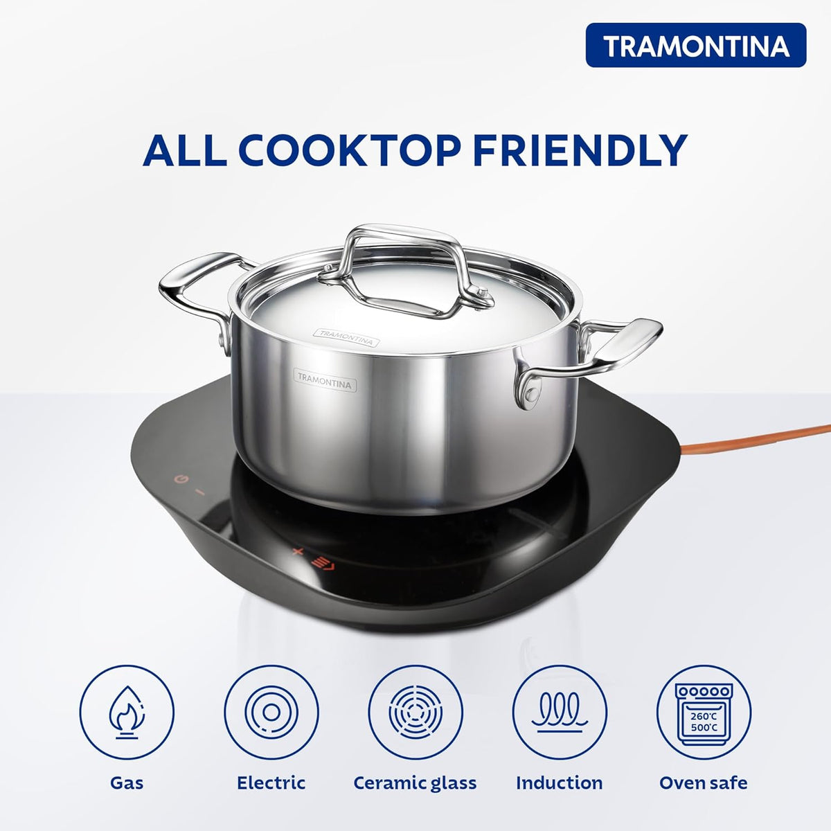 Tramontina India Fusao EX+ 20cm ceramic stainless steel tri-ply curry pot with lid, 3.1L capacity, used for cooking curries.