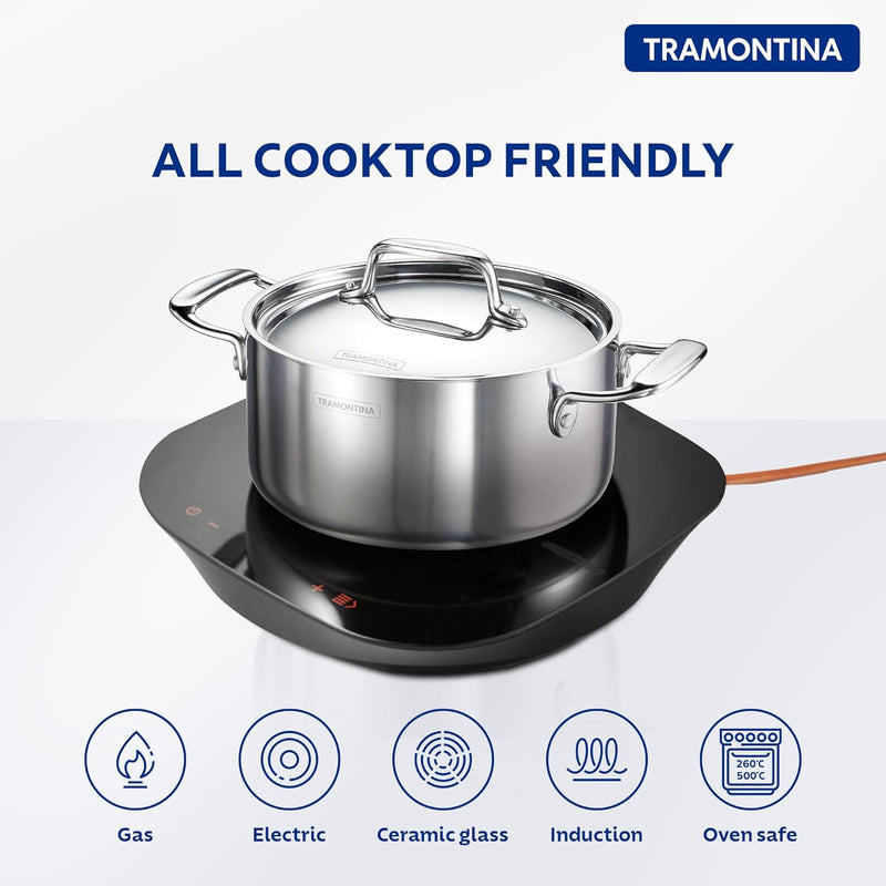 Tramontina India Fusao EX+ 20cm ceramic stainless steel tri-ply curry pot with lid, 3.1L capacity, used for cooking curries.