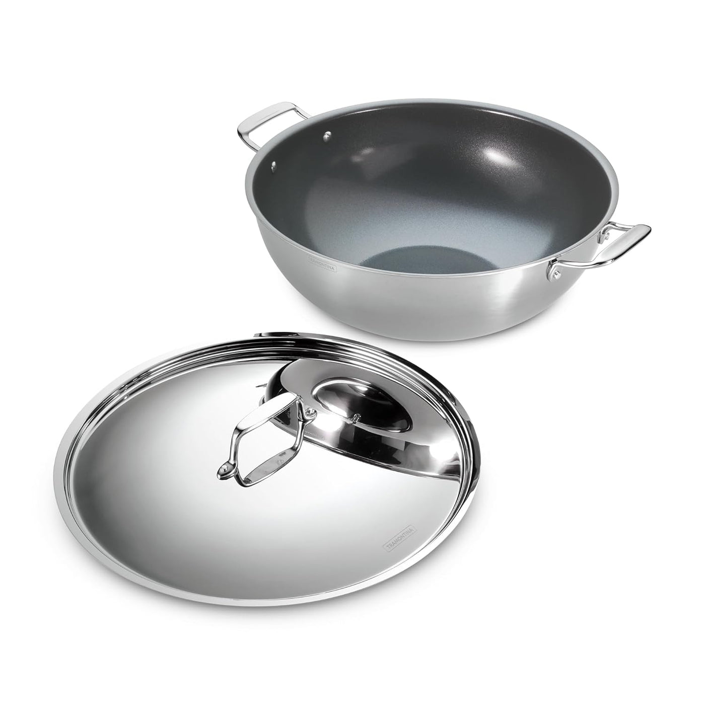 Tramontina India Fusao EX+ 40cm ceramic stainless steel deep Kadai with lid, 14.3L, perfect for large cooking and stir-frying.