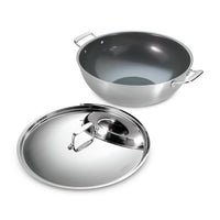 Tramontina India Fusao EX+ 40cm ceramic stainless steel deep Kadai with lid, 14.3L, perfect for large cooking and stir-frying.