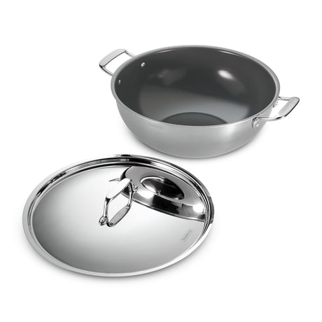 Tramontina India Fusao EX+ 28cm ceramic stainless steel deep Kadai with lid, 5.9L capacity, featuring tri-ply construction.
