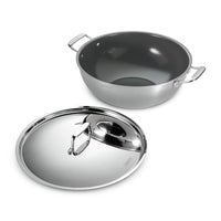 Tramontina India Fusao EX+ 32cm ceramic stainless steel deep Kadai with SS lid, 8L capacity, tri-ply construction for versatile cooking.