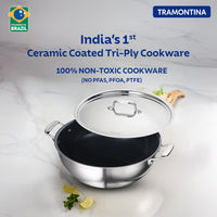 Tramontina India Fusao EX+ 20cm ceramic stainless steel deep Kadai with lid, featuring tri-ply construction and 2.3L capacity.