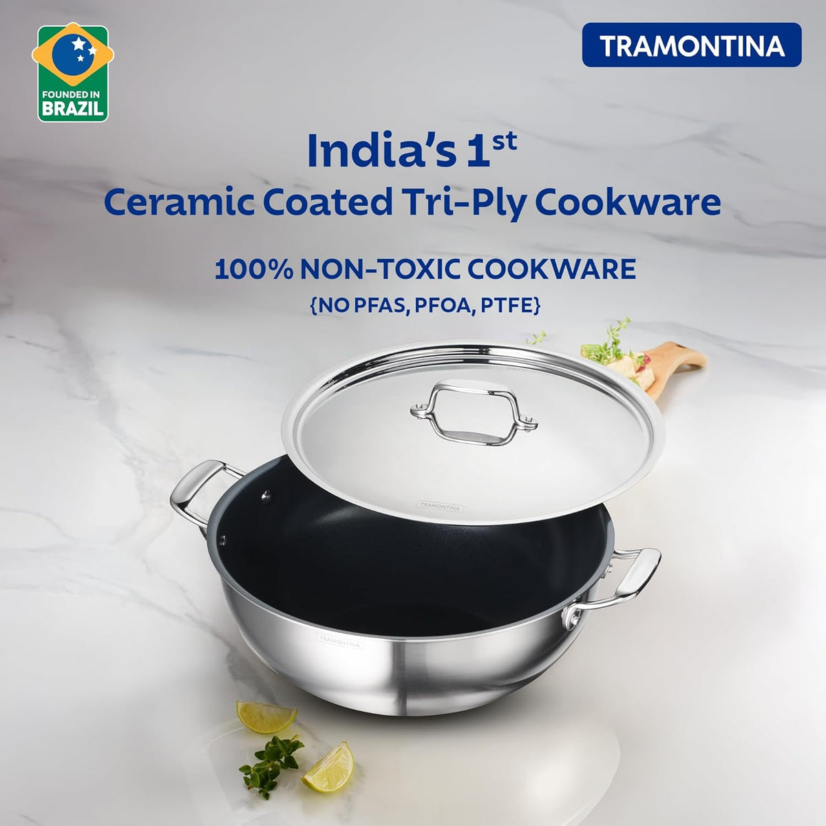 Tramontina India Fusao EX+ 40cm ceramic stainless steel deep Kadai with lid, 14.3L capacity, ideal for cooking large meals.