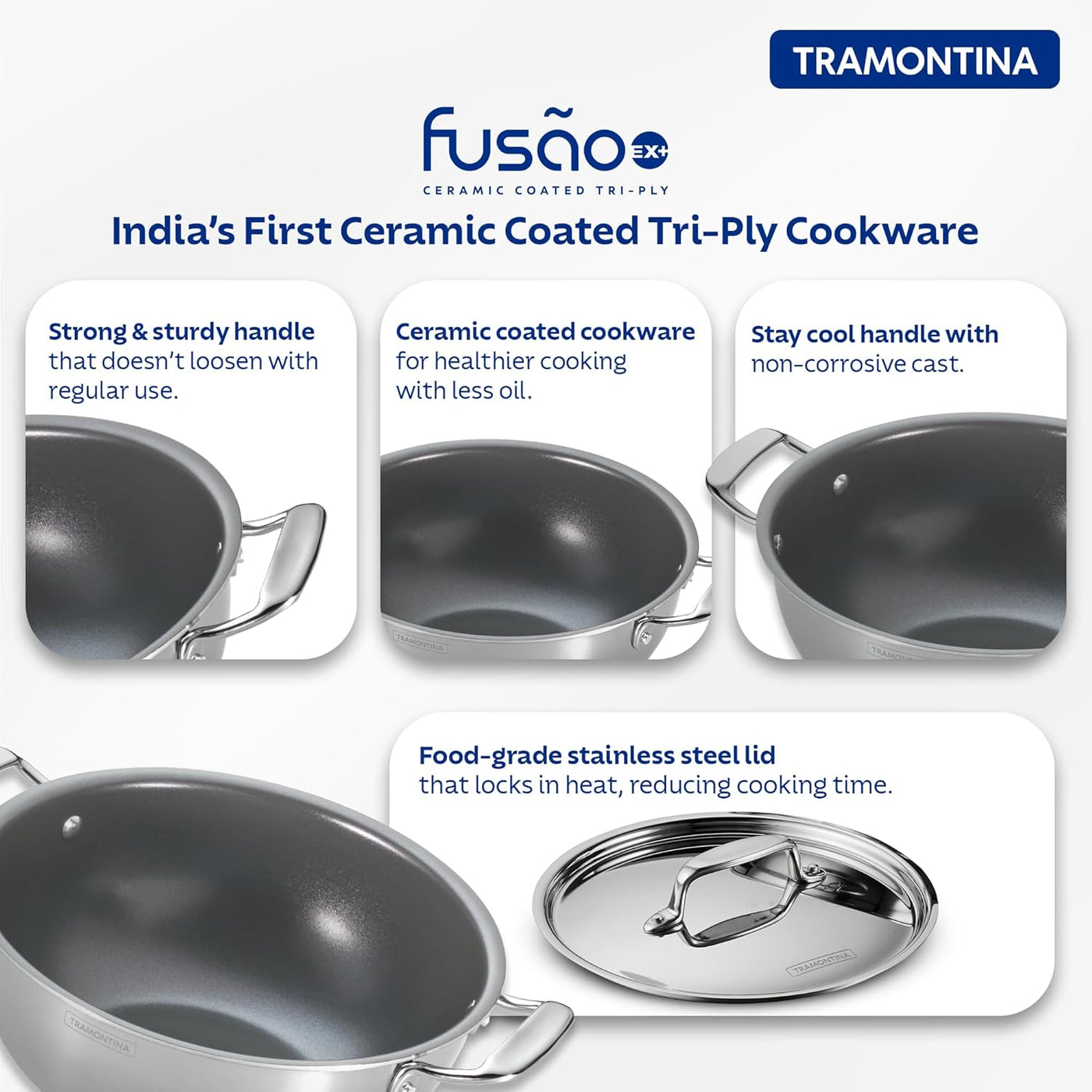 Tramontina India Fusao EX+ 20cm ceramic stainless steel deep Kadai with lid, 2.3L capacity, featuring tri-ply construction.