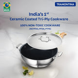 Tramontina India Fusao EX+ 36cm ceramic stainless steel deep Kadai with lid, 10.9L capacity, featuring tri-ply construction for even cooking