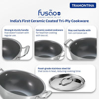Tramontina India Fusao EX+ 40cm ceramic stainless steel deep Kadai with SS lid, large 14.3L capacity for cooking and boiling.