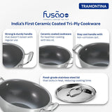 Tramontina India Fusao EX+ 22cm ceramic stainless steel deep Kadai with lid, 3.0L, showing the cookware with lid and handles.