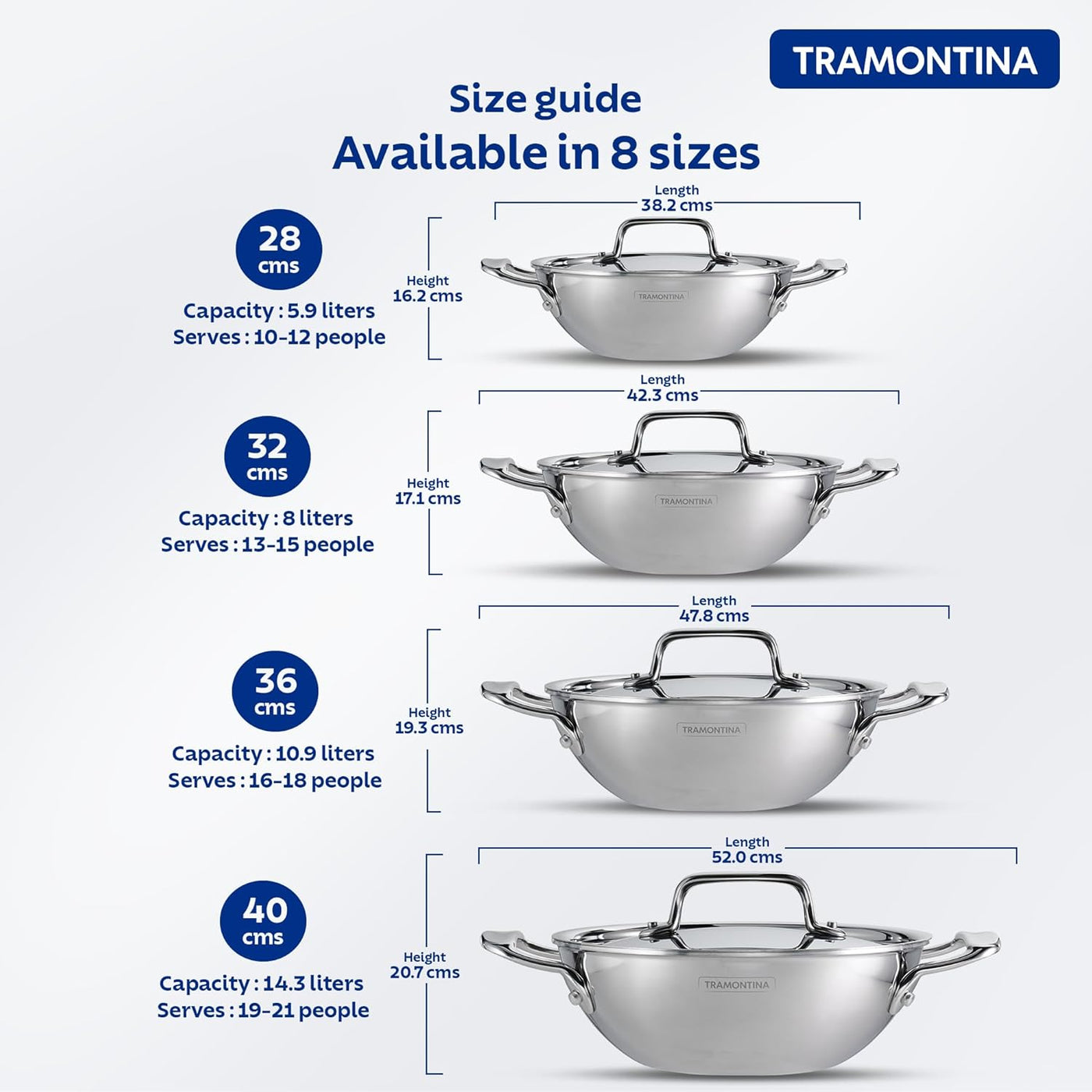 Tramontina India Fusao EX+ 20cm ceramic stainless steel deep Kadai with SS lid, 2.3L capacity, showcasing the cookware's sleek design.