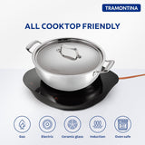 Tramontina India Fusao EX+ 22cm ceramic stainless steel deep Kadai with lid, 3.0L capacity, showing the cookware with lid on.