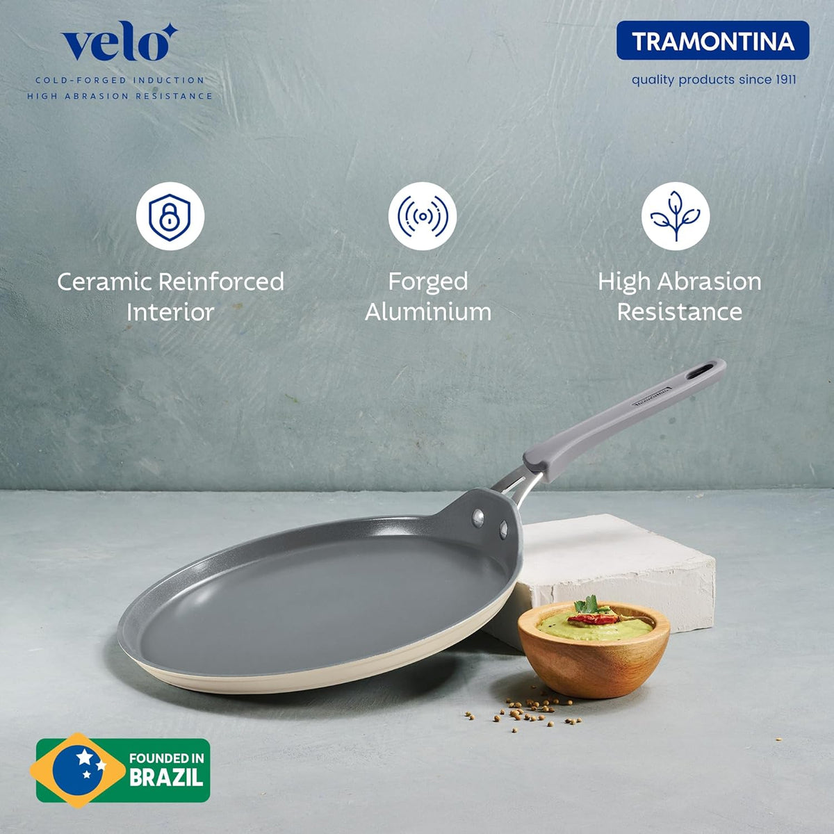 Tramontina India Velo Forged Dosa Tawa 28 cm in sand color, round non-stick pan for making dosas and Indian flatbreads.