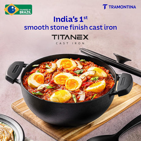 Tramontina India Titanex 30cm pre-seasoned cast iron deep Kadai with heat-resistant silicone grip for versatile cooking.