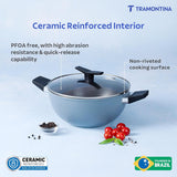 Tramontina India Aura 22cm non-stick deep kadai in blueberry color with ceramic reinforced coating and glass lid.