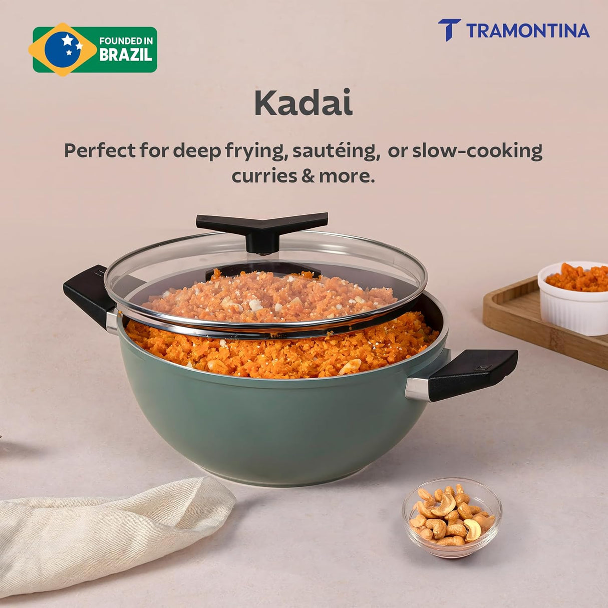 Aura 28cm Non-Stick Extra Deep Kadai Ceramic Reinforced Coating and Glass Lid – 5.6L (Sea Green)