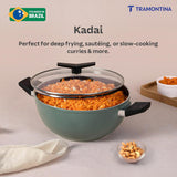 Aura 28cm Non-Stick Extra Deep Kadai Ceramic Reinforced Coating and Glass Lid – 5.6L (Sea Green)