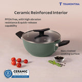 Aura 28cm Non-Stick Extra Deep Kadai Ceramic Reinforced Coating and Glass Lid – 5.6L (Sea Green)