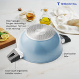 Tramontina India 28cm deep kadai in blueberry with non-stick ceramic coating and glass lid, showcasing its spacious design.